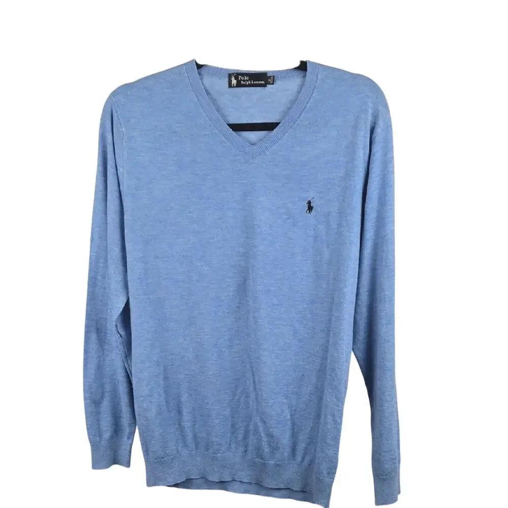 Polo Ralph Lauren Wool Cashmere V Neck Sweater Pony Logo Blue Size Medium